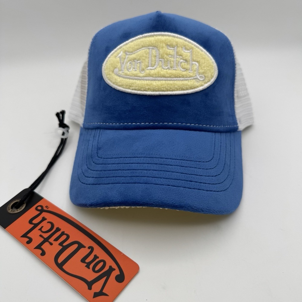 NWT Von Dutch Trucker Cap SnapBack Mesh Hat Y2K Style Blue Yellow White Velvet